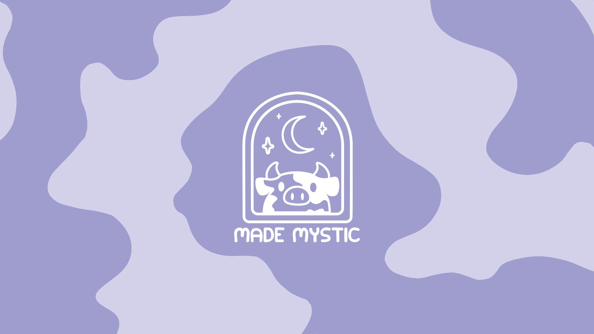 A digital illustration of a cow, set within a framed arch, featuring a crescent moon and stars in the background, with the phrase "Made Mystic" below.