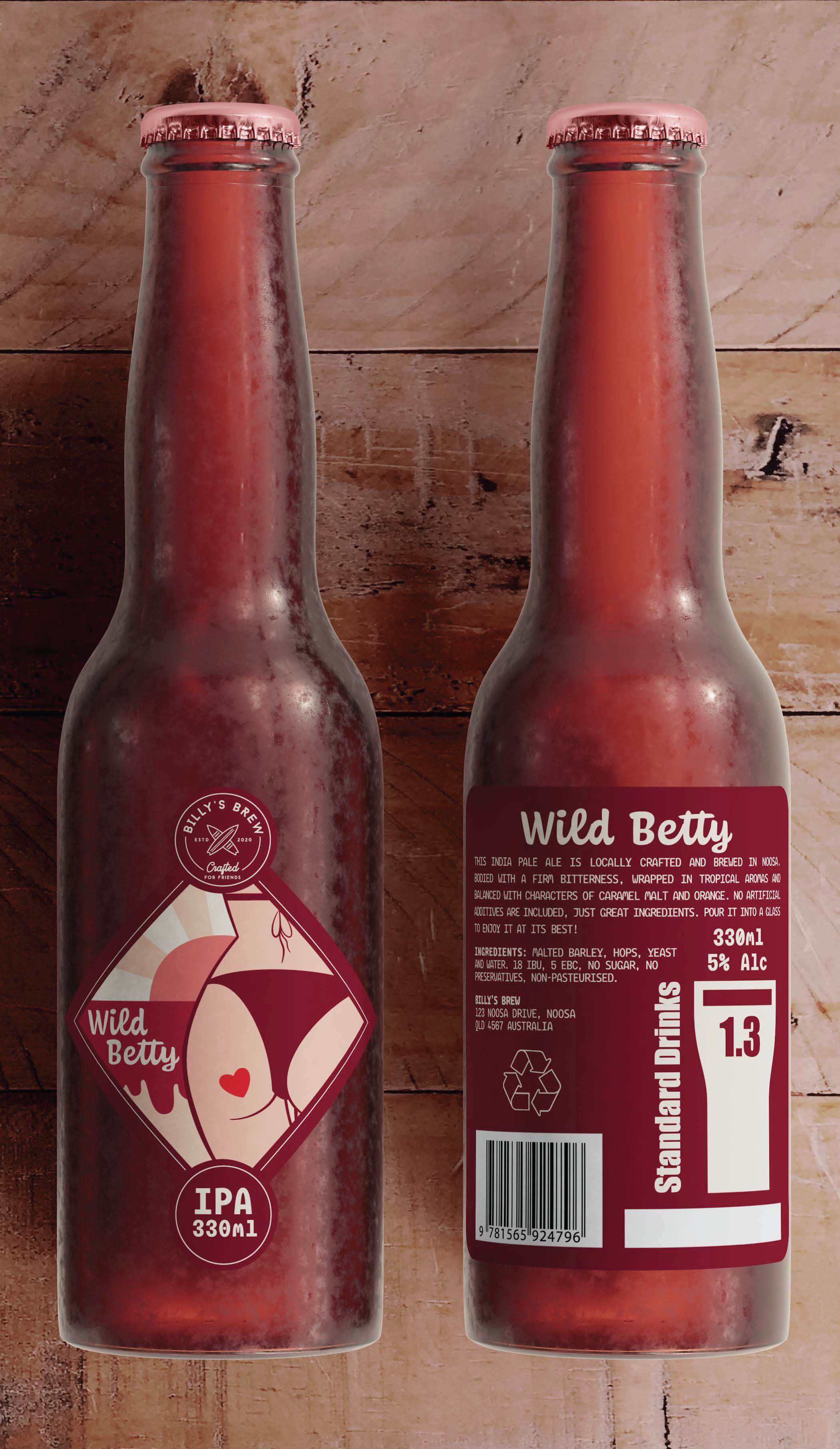Two bottles of Wild Betty IPA craft beer with pink caps and label featuring a drawing of a woman's buttocks, set on a wooden surface.