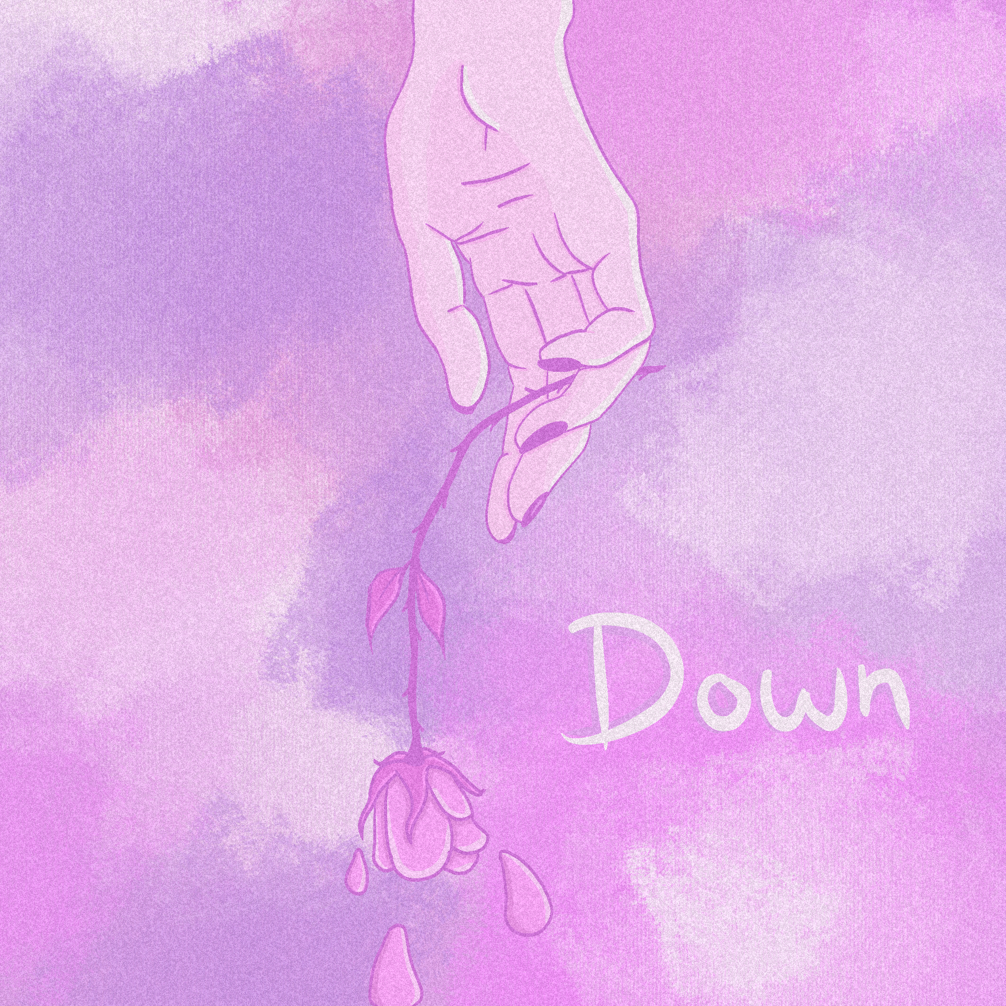 Digital illustration of a hand with a pink floral stem hanging from the fingers, set against a pink and purple textured background with 'Down' written in cursive.