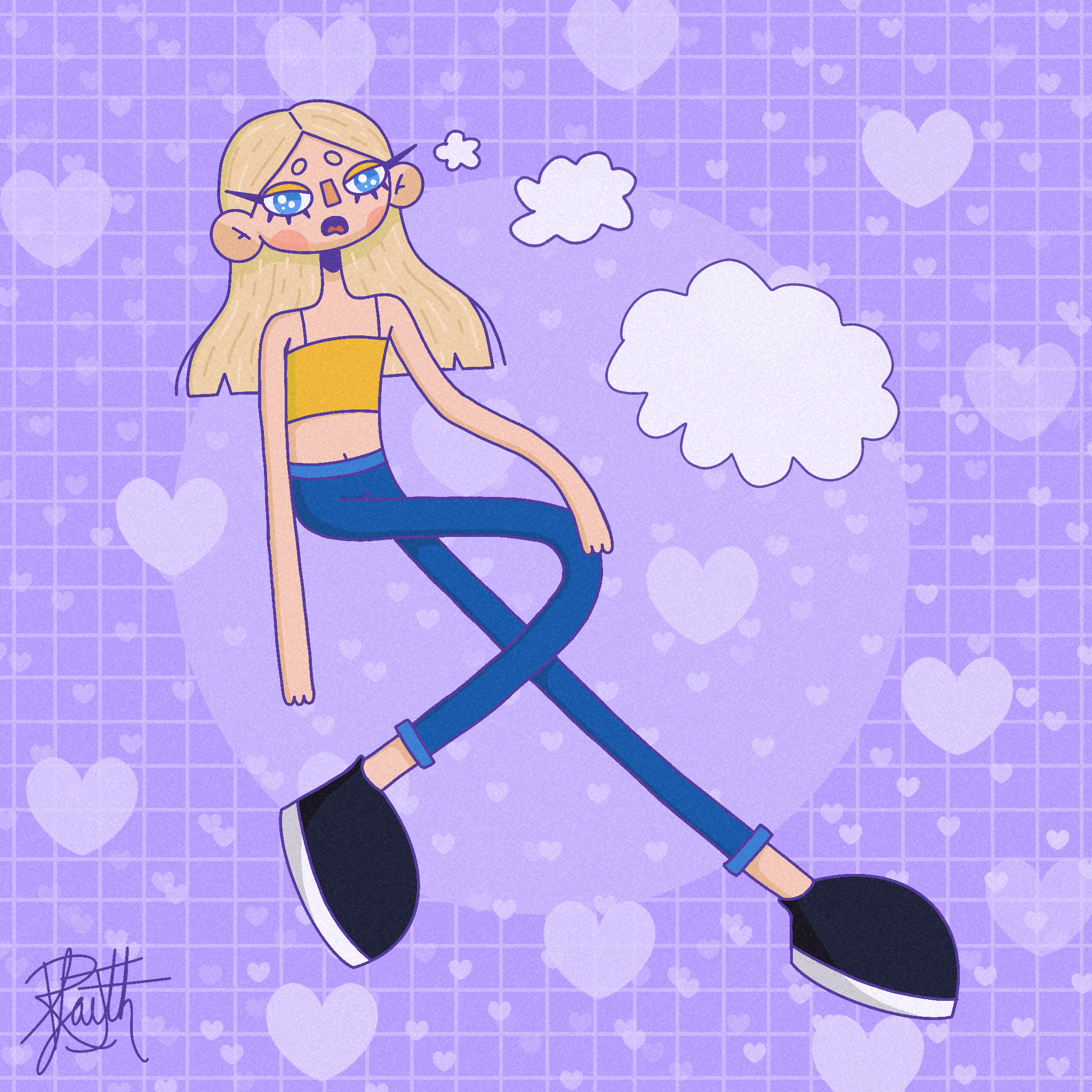 A cartoon girl with long blonde hair, blue eyes, and a yellow tank top, sitting on a purple background with hearts and thought bubbles coming off of her.