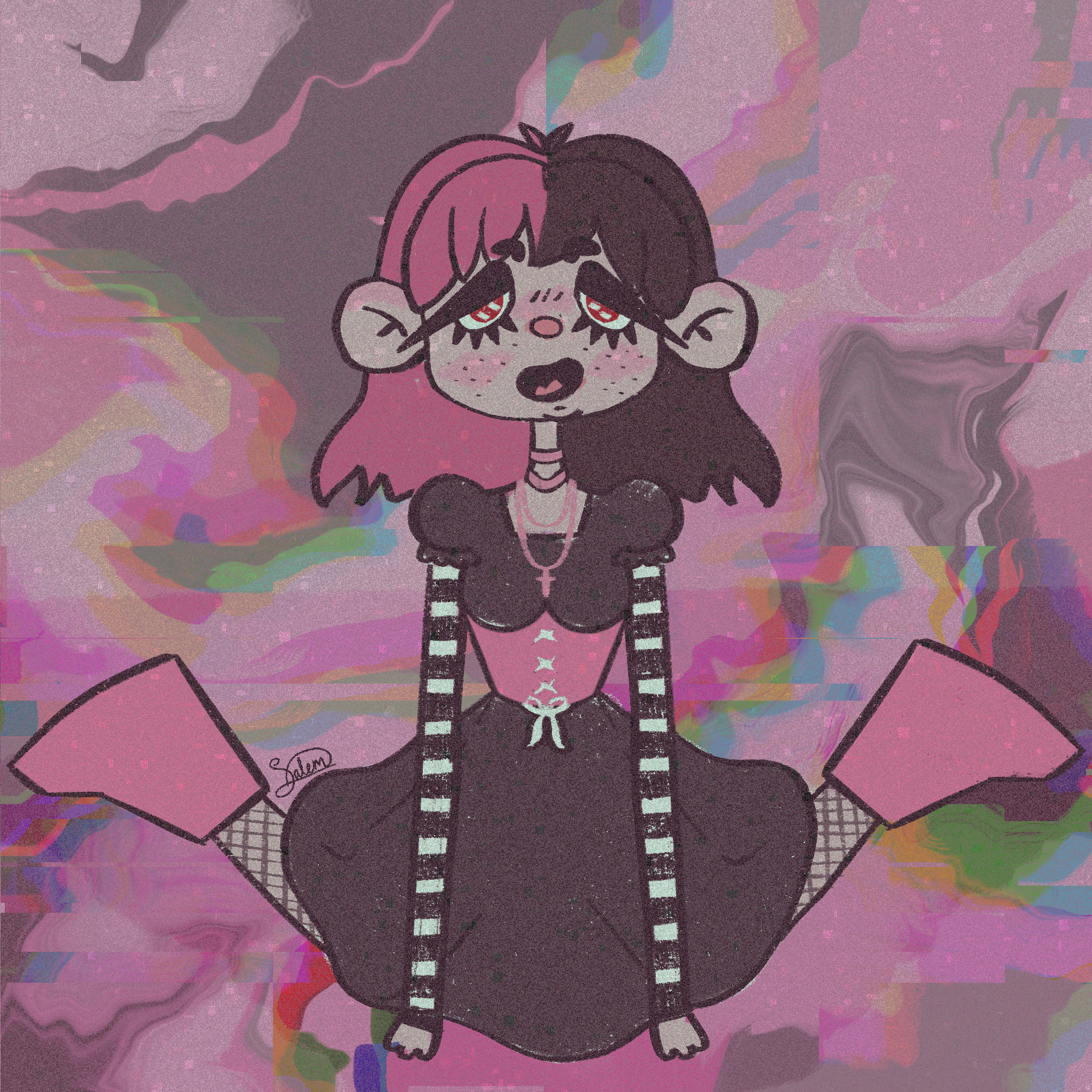 A cartoon-style illustration of a girl with pink and black hair [Chibi] kneeling on a pink and abstract colorful background.
