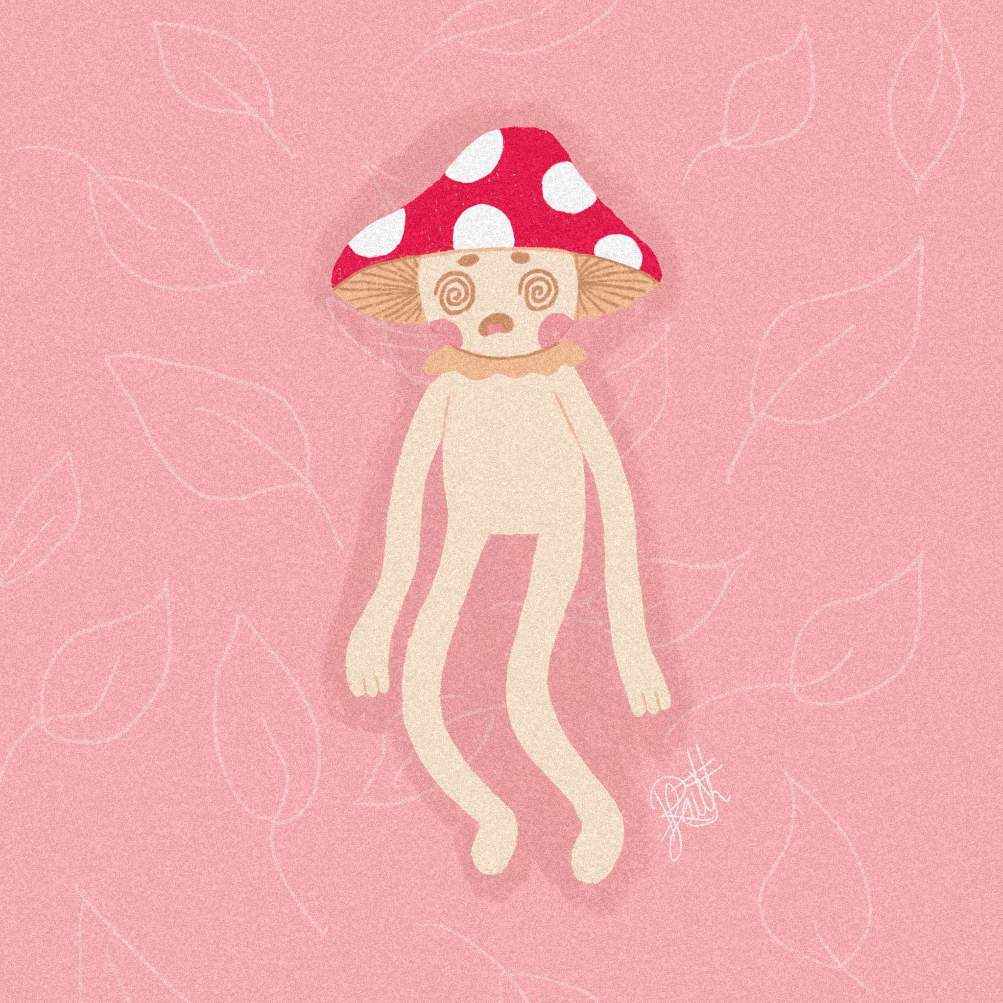 Cute illustration of a stylized guy with a red mushroom hat with white spots, blushed cheeks, and a surprised facial expression, standing against a pink textured background with light leaf outlines.