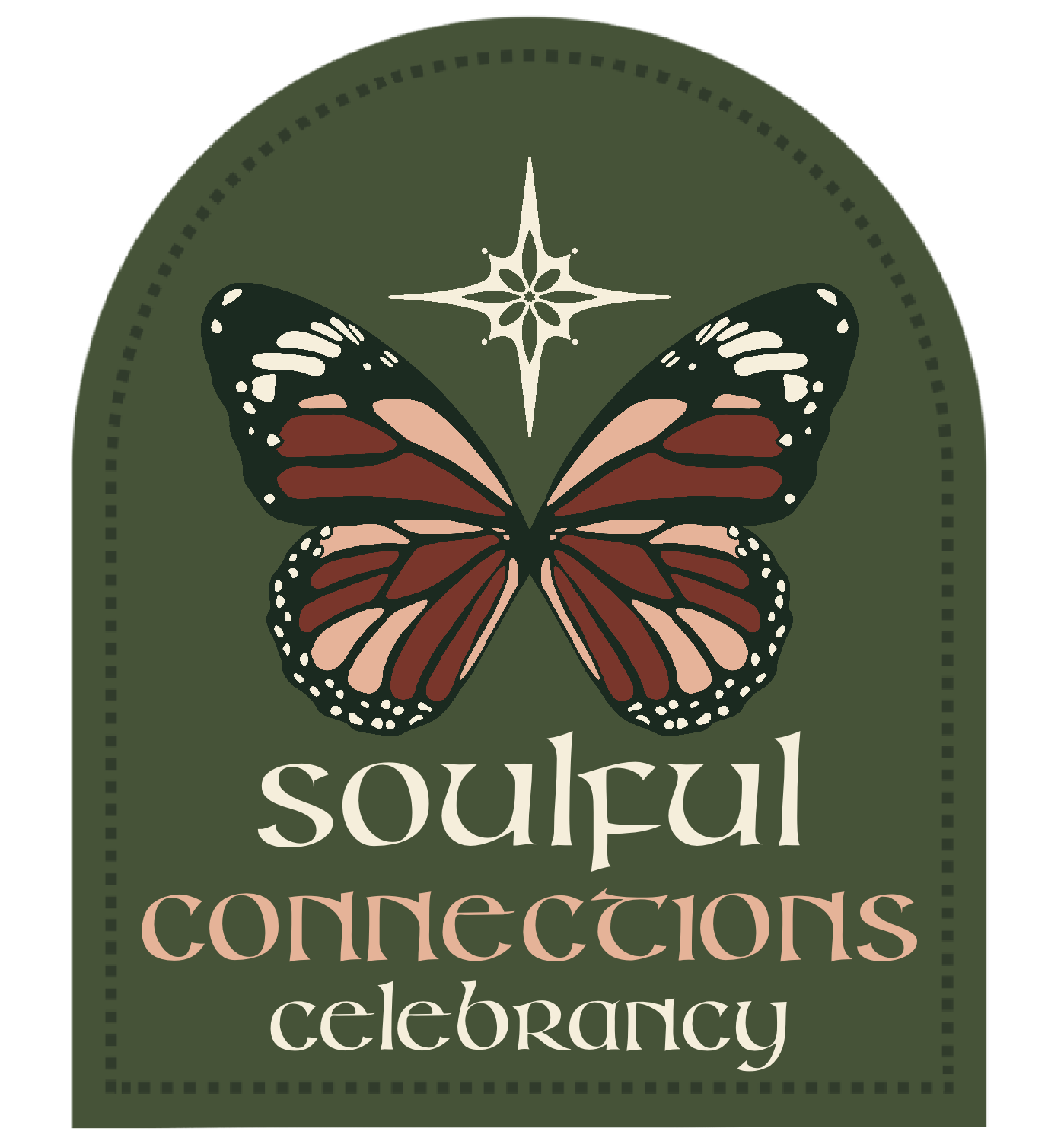 A green decorative background with a butterfly illustration and a star-like design above it. The text reads 'soulful connections celebrancy' in stylized fonts.