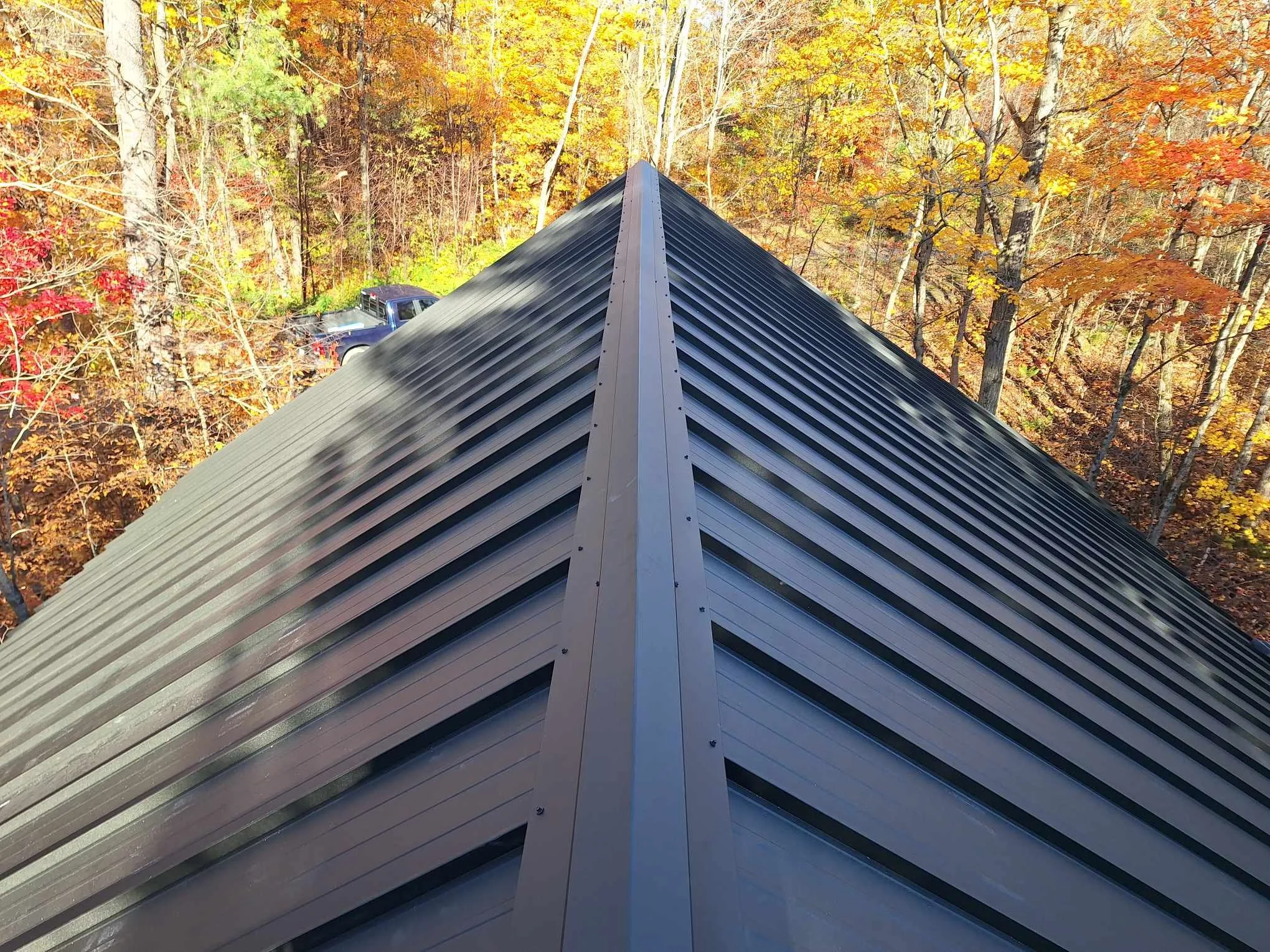 A view from the peak of a metal roof, overlooking a forest with trees showing autumn colors, and a pickup truck parked in the woods.