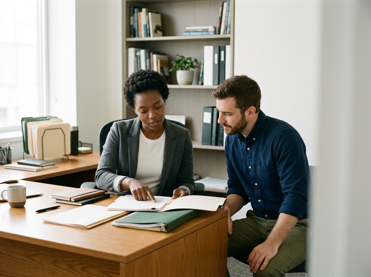 Two coworkers review documents at a desk in an office.