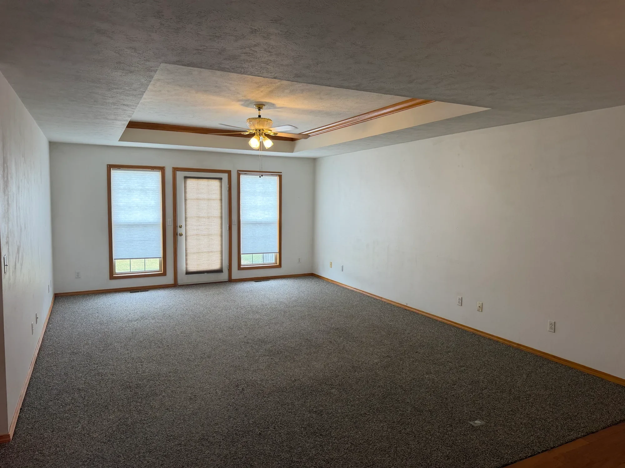  Living room with carpet, tray ceiling, ceiling fan and glass door to the backyard 