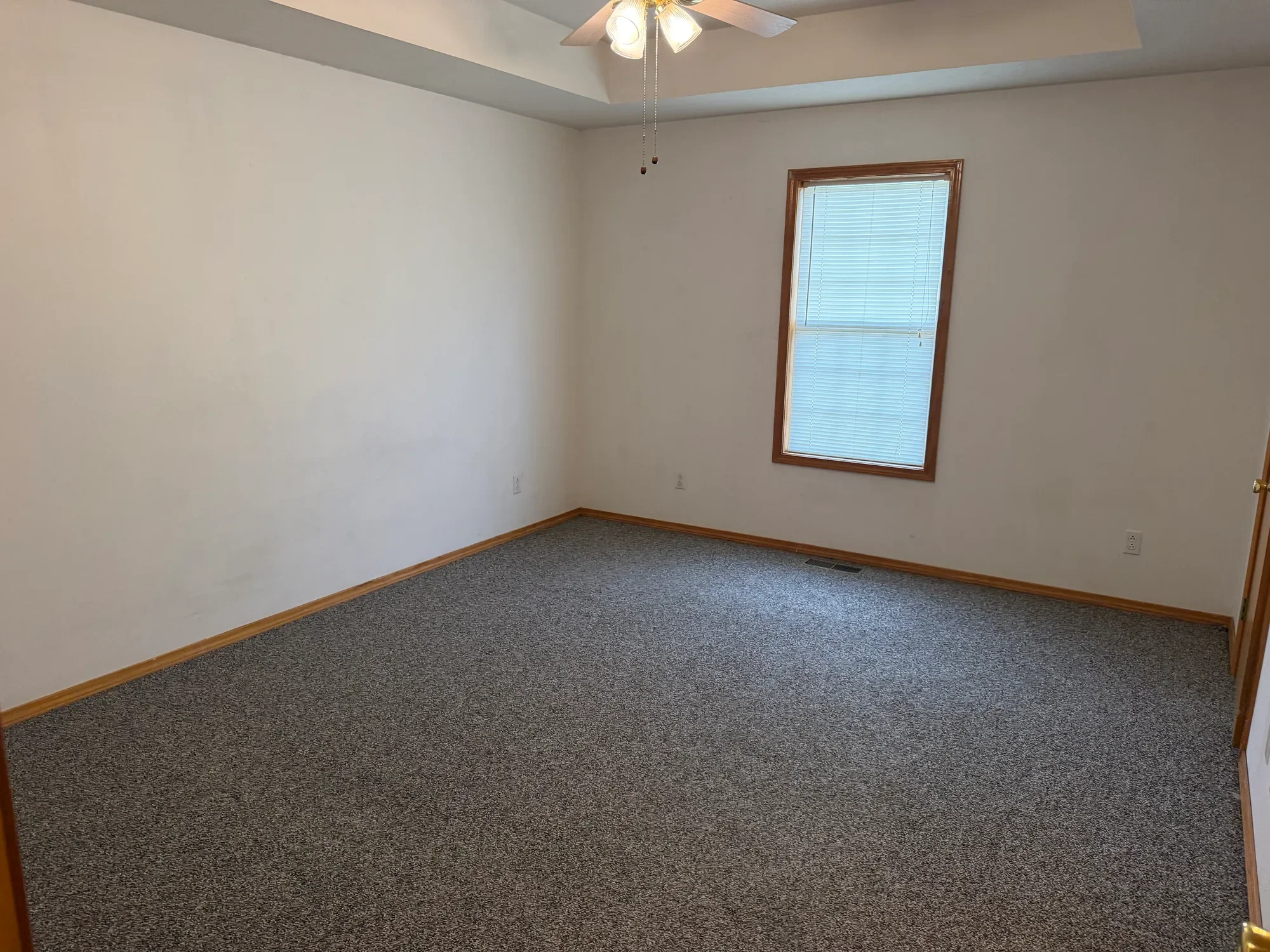  Carpeted bedroom with tray ceiling, ceiling fan and window 