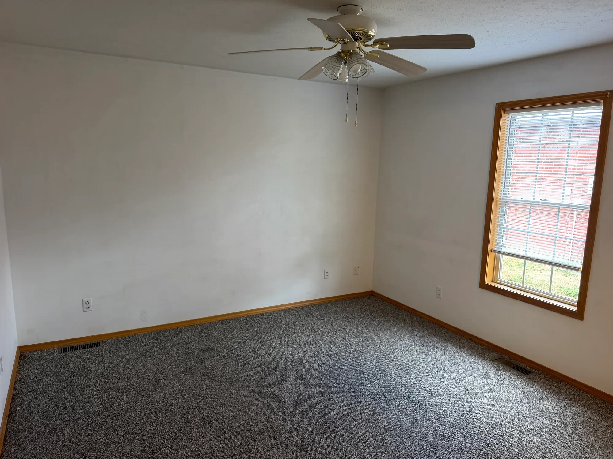  Carpeted bedroom with ceiling fan and large window 