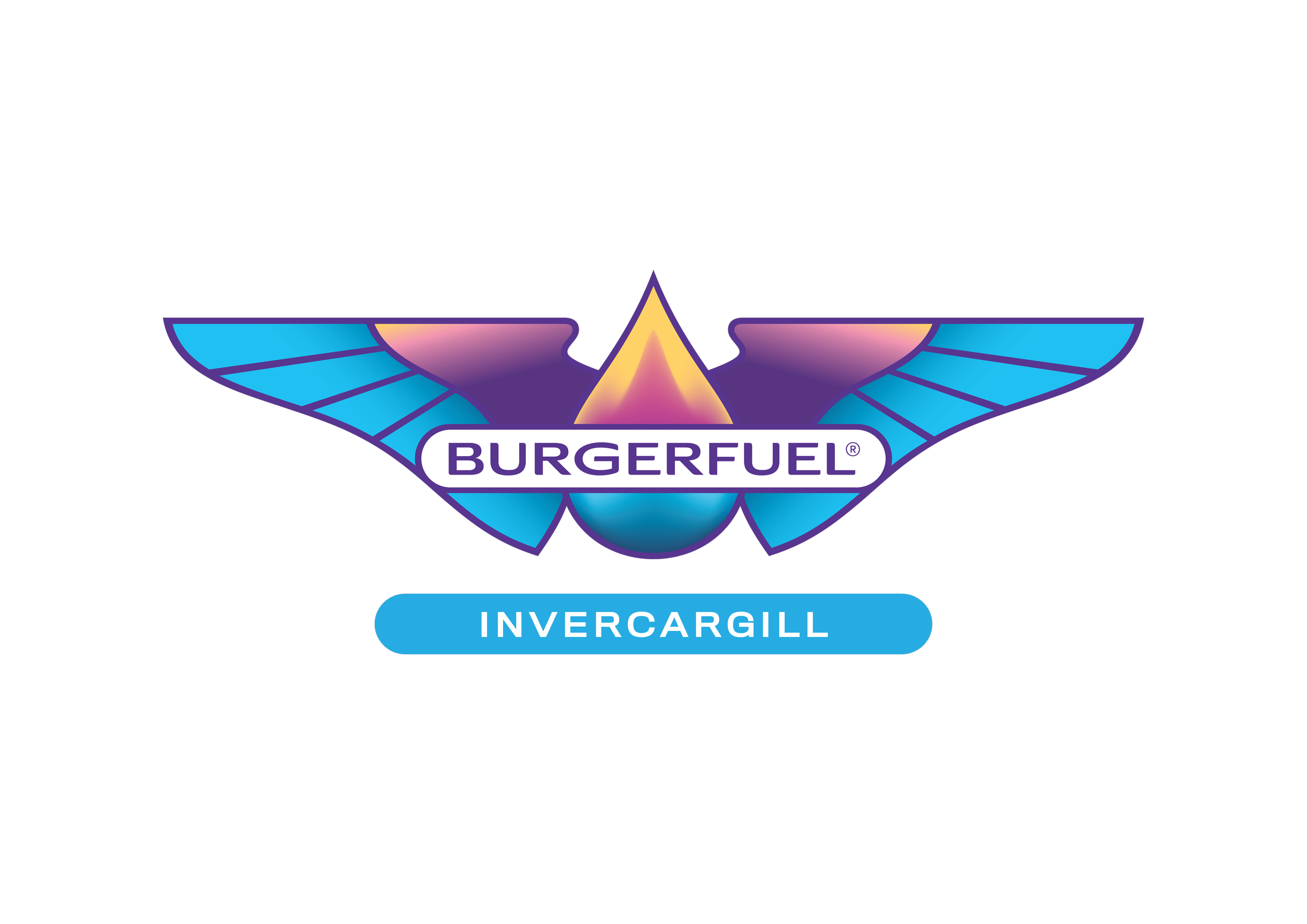 Logo of BurgerFuel Invercargill, a local burger restaurant, featuring stylized wings and a gradient purple and yellow triangle in the center.