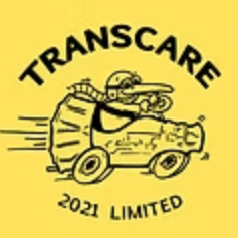 Logo for Transcare Limited featuring a cartoon car with a tank on top and a smiling face, on a yellow background.