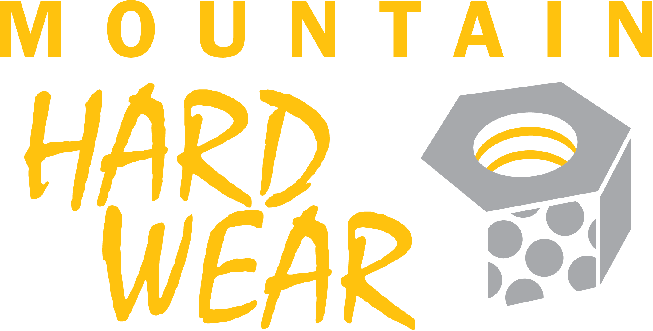 The image features the text 'MOUNTAIN HARD WEAR' in yellow and a graphic of a bolt and a rock on a black background.