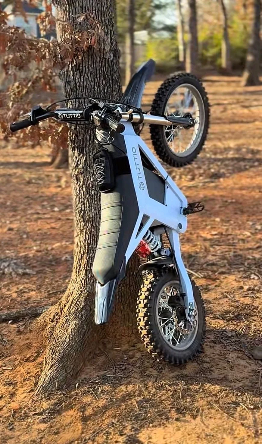 A mountain e-bike with a white frame is leaning against a tree in a wooded area with dry leaves on the ground.