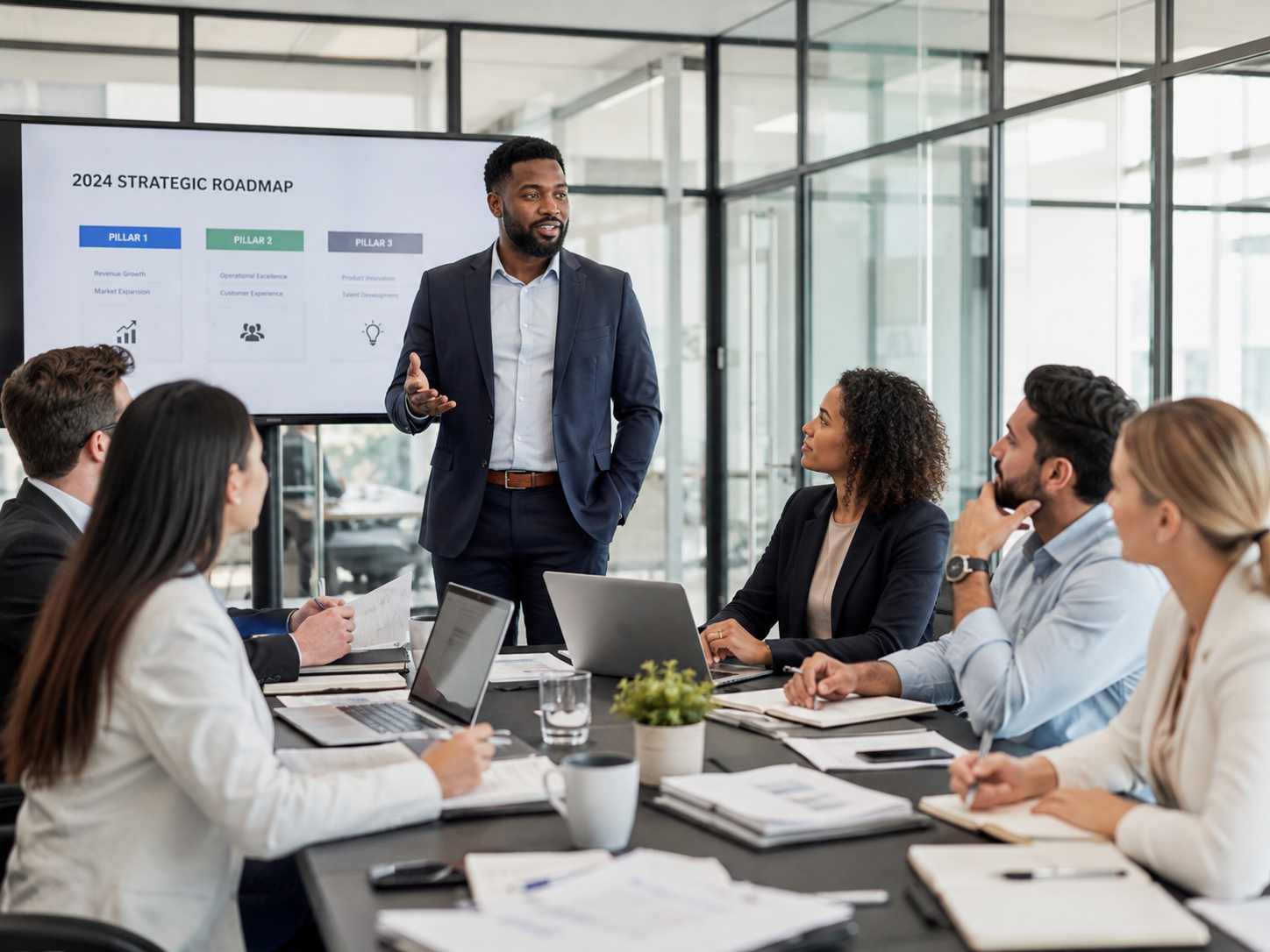 A man in a suit giving a presentation to a group of five people seated at a conference table. The presentation slide behind him is titled '2024 Strategic Roadmap' and outlines three pillars. The attendees are looking at the presenter, with some taking notes or using laptops.
