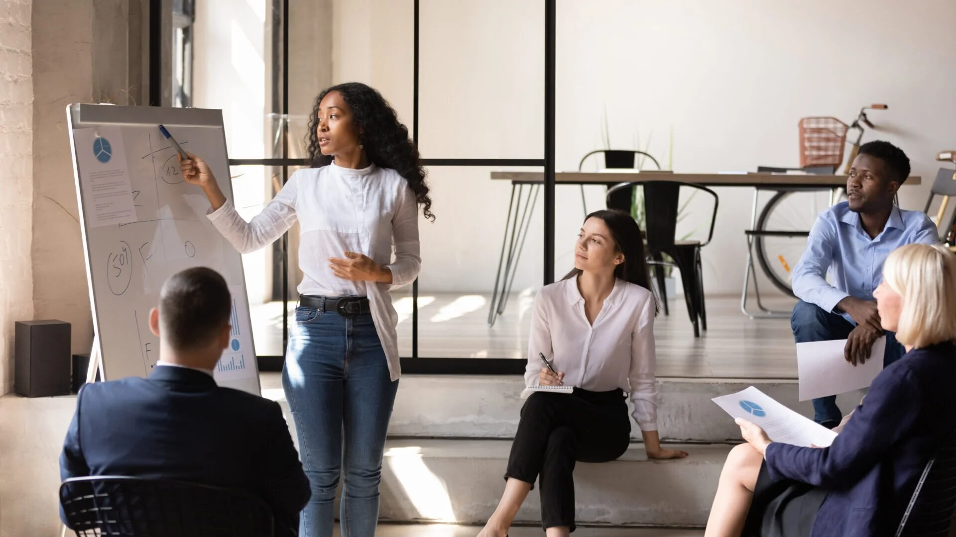 A woman giving a presentation to a group of five people in a modern office space. The presenter is pointing at a whiteboard with various diagrams and notes, and the attendees are seated, listening and taking notes.