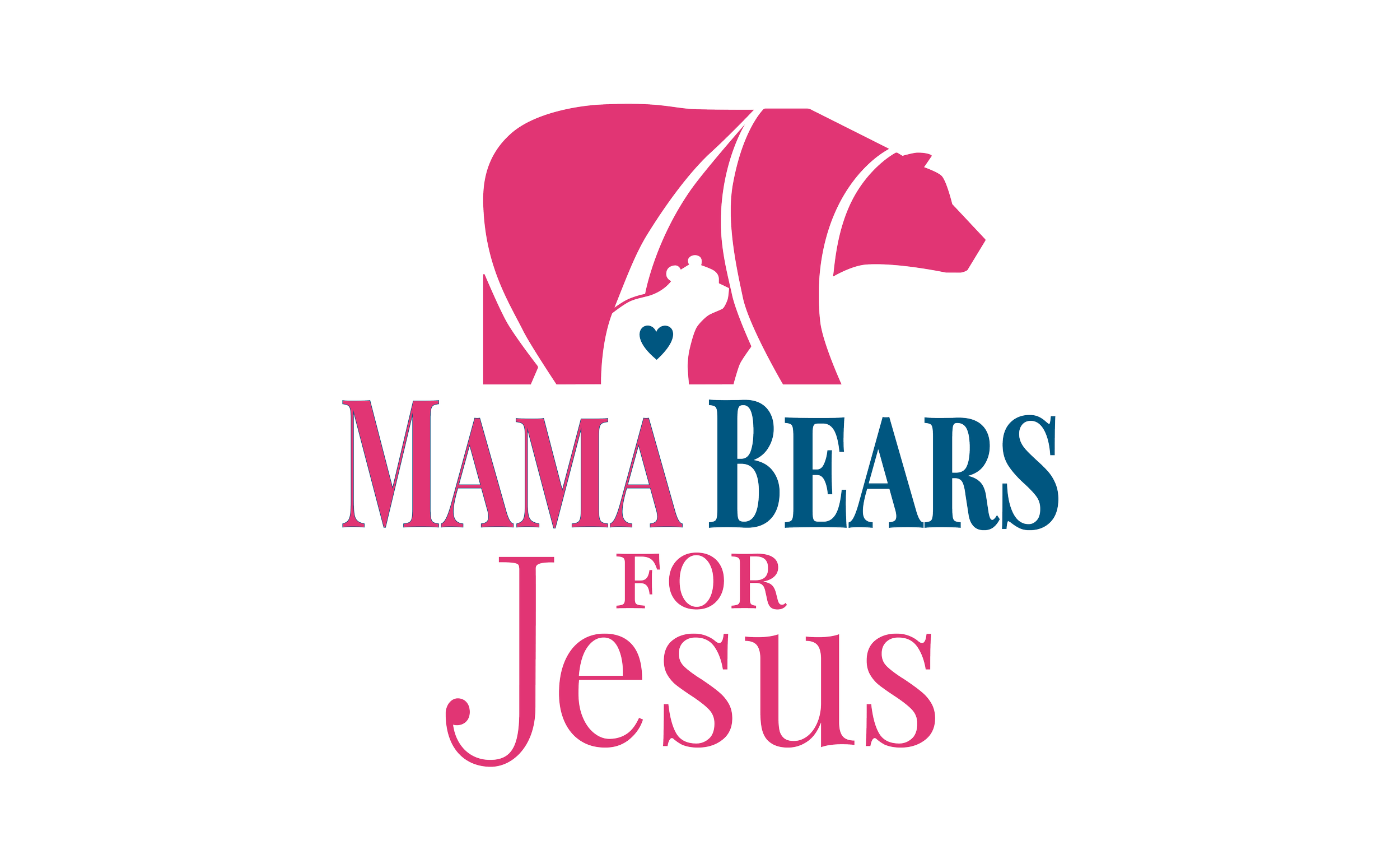 Pink bear with a small blue heart on its chest, with the words "Mama Bears for Jesus" in pink and blue text.