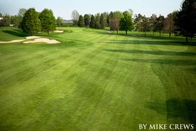 A well-maintained golf course with green fairways, sand bunkers, and trees lining the course under a clear sky.