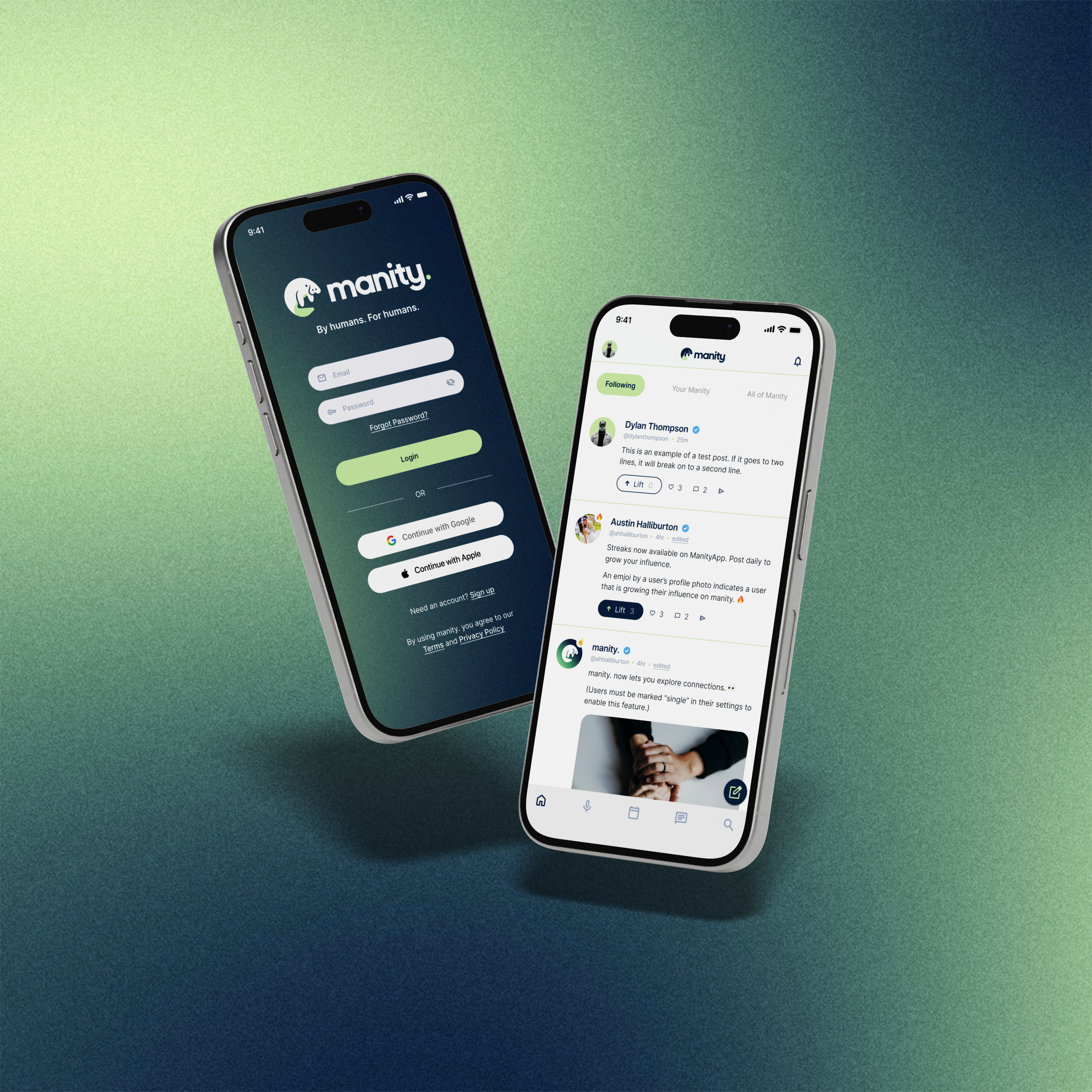 Two smartphones displaying different screens of the 'Manity' app against a green to blue gradient background.