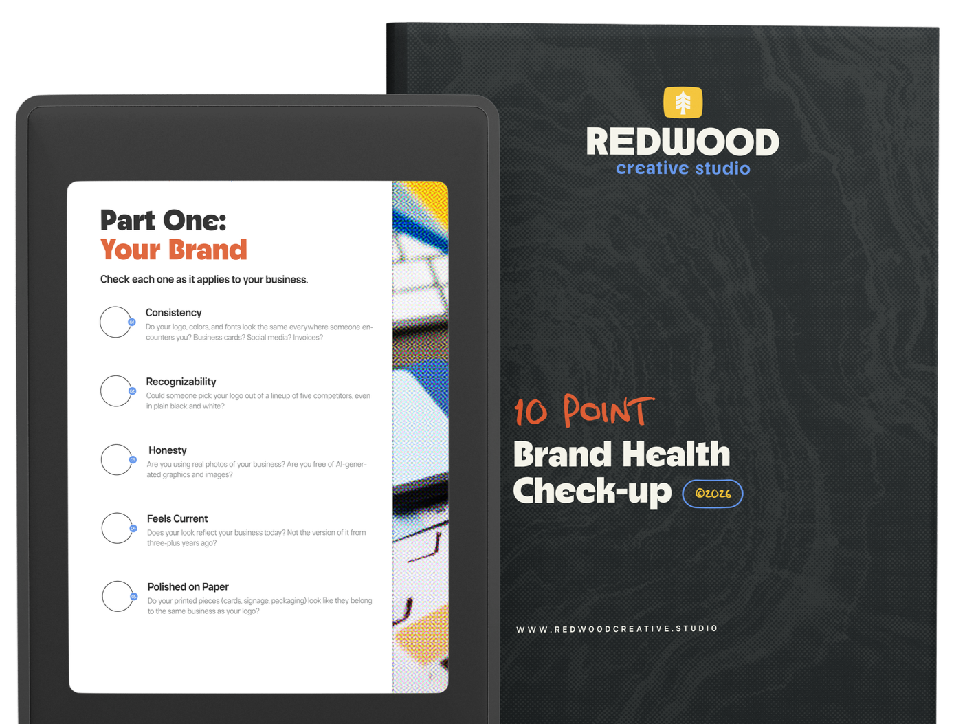A digital booklet titled '10 Point Brand Health Check-up' by Redwood Creative Studio with a tablet screen displaying a checklist for assessing business branding, including items like consistency, recognizability, honesty, feeling current, and polished on paper.
