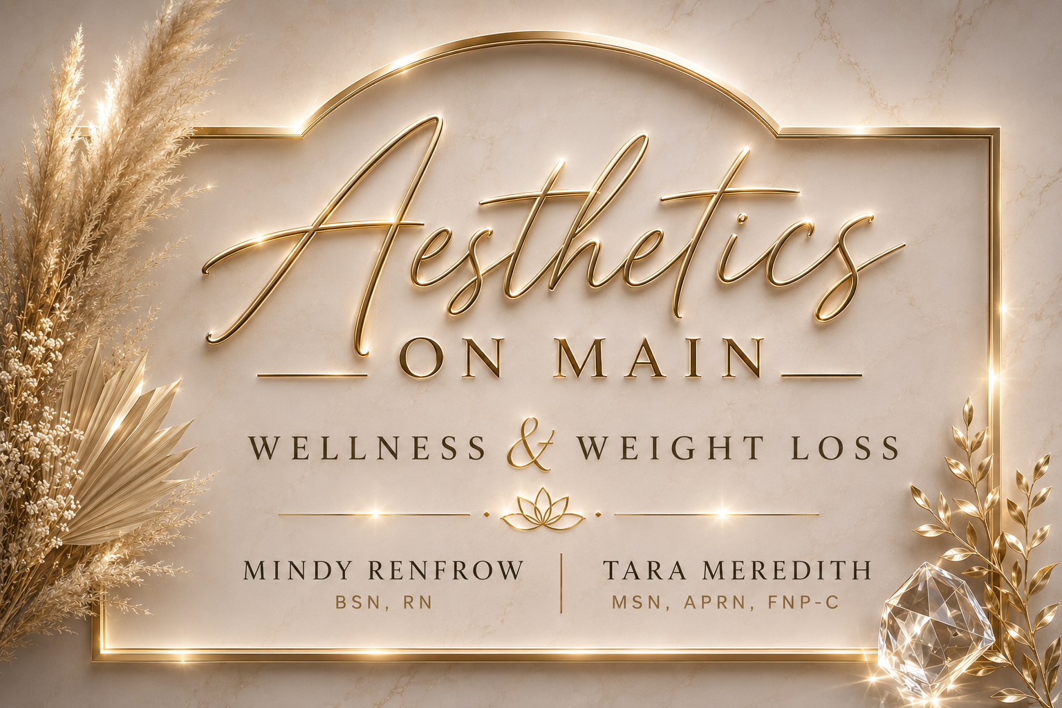 Sign reading 'Aesthetics on Main Wellness & Weight Loss' with name and credentials of Mindy Renfrow and Tara Meredith, decorated with gold leaves, a diamond, and dried plants.