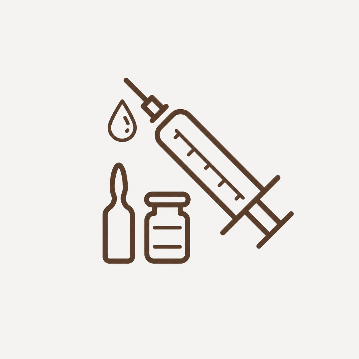 Line drawing of a syringe, a small vial, an ampoule, and a drop of liquid.