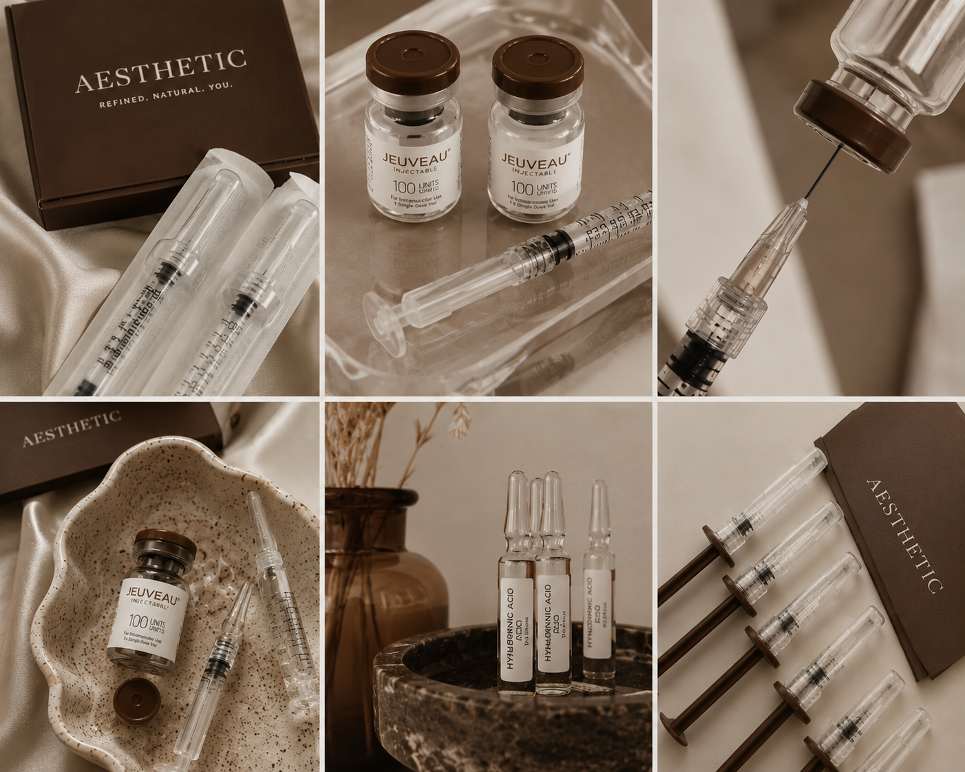 Collage of aesthetic skincare and cosmetic products including syringes, ampoules, and vials, arranged on neutral-toned backgrounds with decorative items.