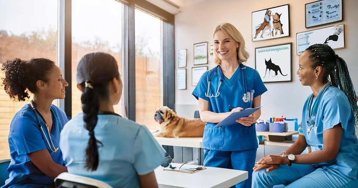 Four veterinary staff members, three women and one woman sitting with a dog on a table, are having a discussion in a bright clinic. One woman is standing with a clipboard, smiling, while the others listen attentively. The clinic has framed pictures of animals on the wall and a large window with natural light.