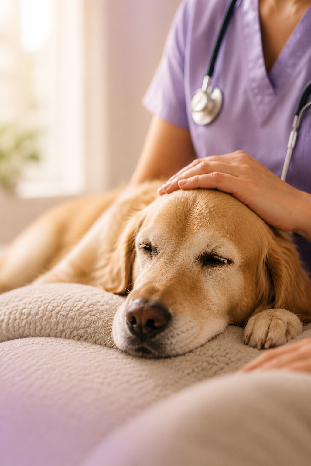 A veterinarian gently palpates a golden retriever dog lying on a soft blanket, the dog appears relaxed with closed eyes in a veterinary clinic.