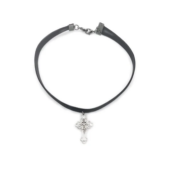 Elegant Leather Choker with Silver Cross Pendant - EN10