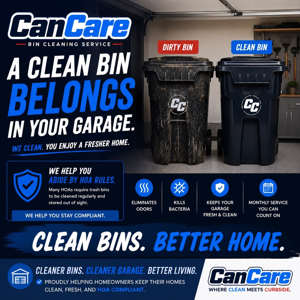 Do you have strict HOA guidelines about storing your cans out of sight? GOOD! We can help keep bugs, grime, and bad smell out of your garage with a monthly cleaning!