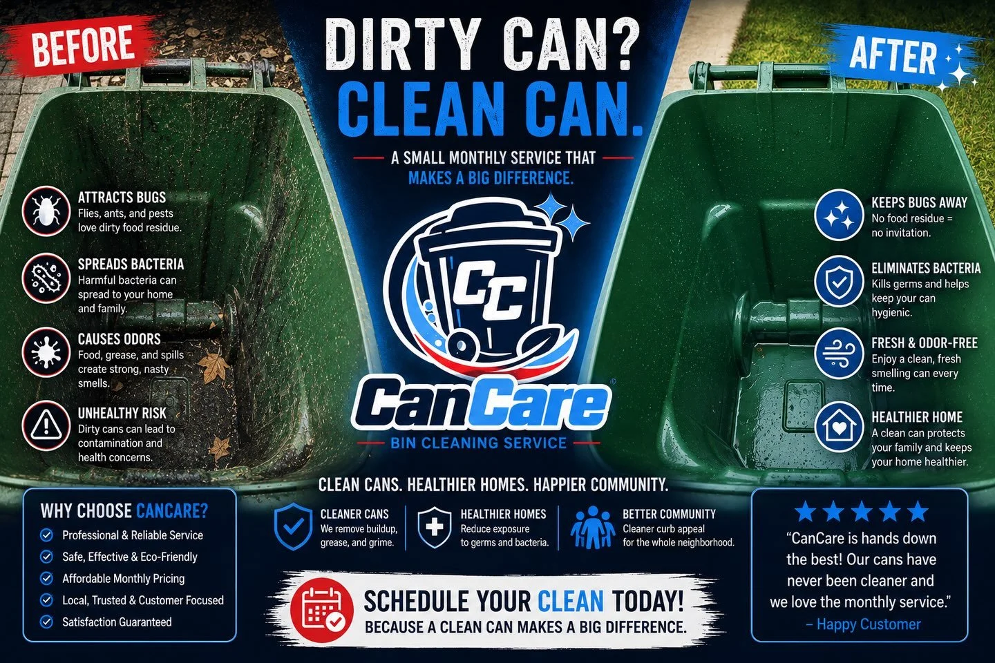 If you knew what was hiding in your can, you wouldn&rsquo;t want it near your home. Let us clean it for you!