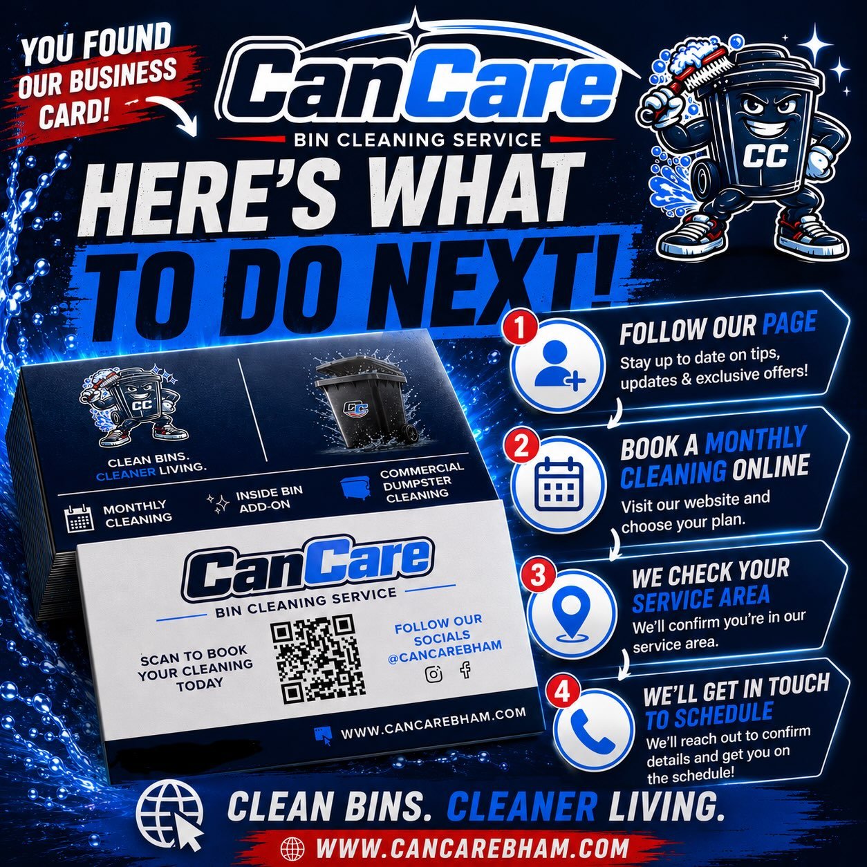 If you have our business card, you are likely in our service area!
Next Step ➡️ Visit our website and check out our monthly cleanings! 

Follow us on Instagram to keep up with our progress servicing the Birmingham Area!