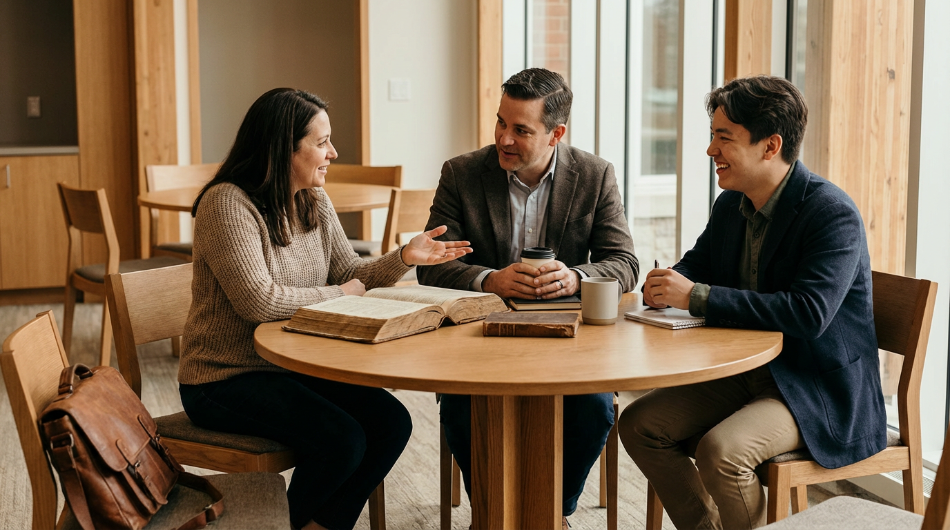Three people sitting at a round wooden table in a cafe or restaurant, engaged in conversation. The woman on the left is gesturing with her hand, and the two men are listening and smiling. There are open books, a coffee mug, and a notebook on the table.