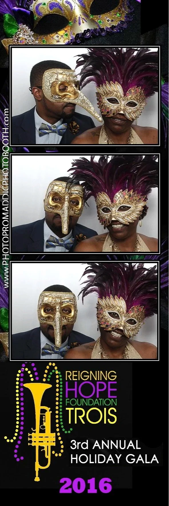 Photo booth strip with three pictures of two people in elaborate masks at a masquerade-themed event. The man wears a gold mask with a long nose, and the woman wears a gold and pink feathered mask. The event is the 3rd Annual Holiday Gala for the Reig