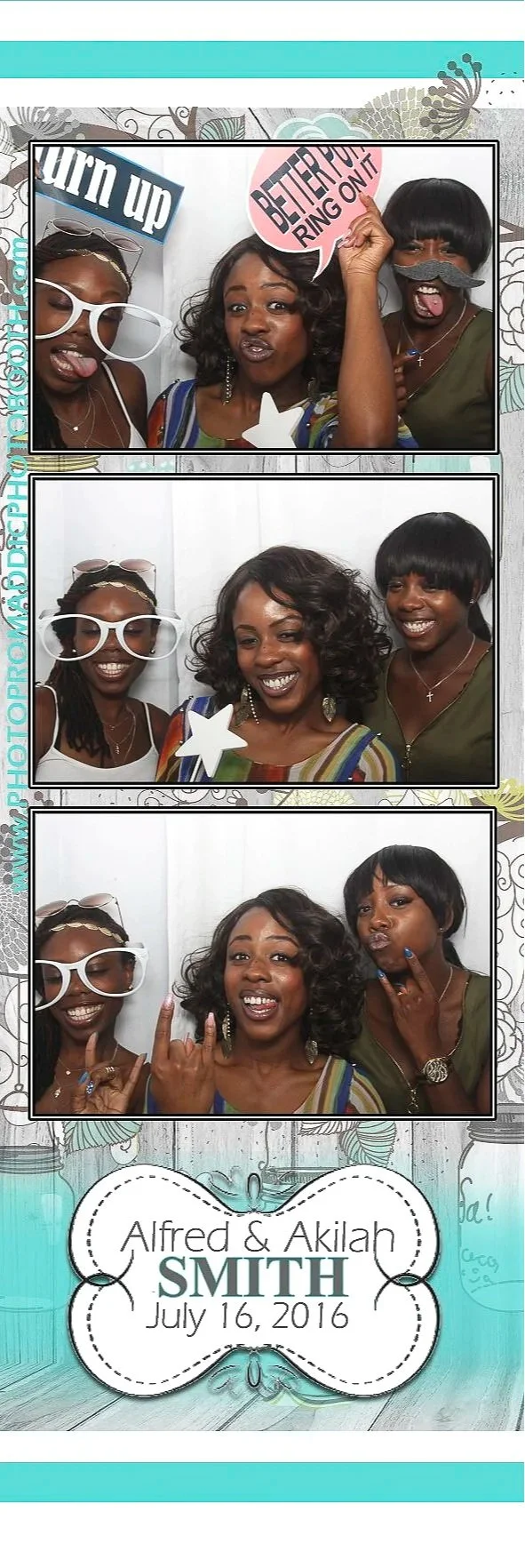 Photo booth strip featuring three women having fun, wearing playful accessories, and posing with pies and mustaches. The event is related to Alfred and Akilah Smith on July 16, 2016.