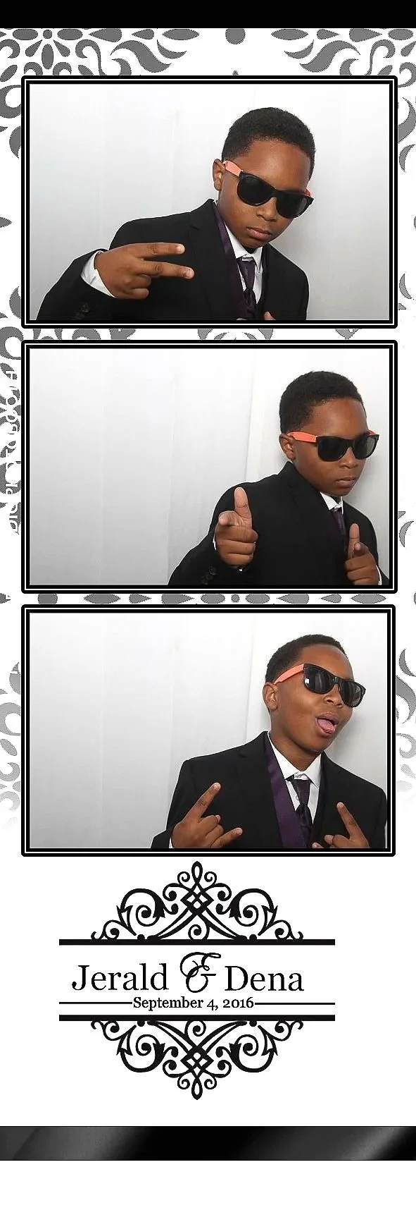 A photo booth strip with three pictures of a young boy dressed in a black suit, white shirt, and black tie, wearing sunglasses and making playful hand gestures. The bottom part features decorative text that reads "Jerald & Dena, September 4, 2016."