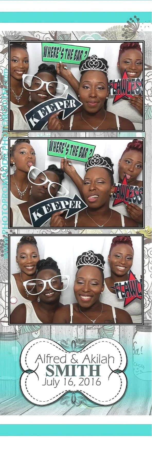 Photo strip from a photo booth with four women making funny faces and holding props, including a sign that says "WHERE'S THE BAR?" and speech bubbles that say "FLAWLESS" and "KEEPER." The bottom of the photo strip has an event label reading "Alfred &