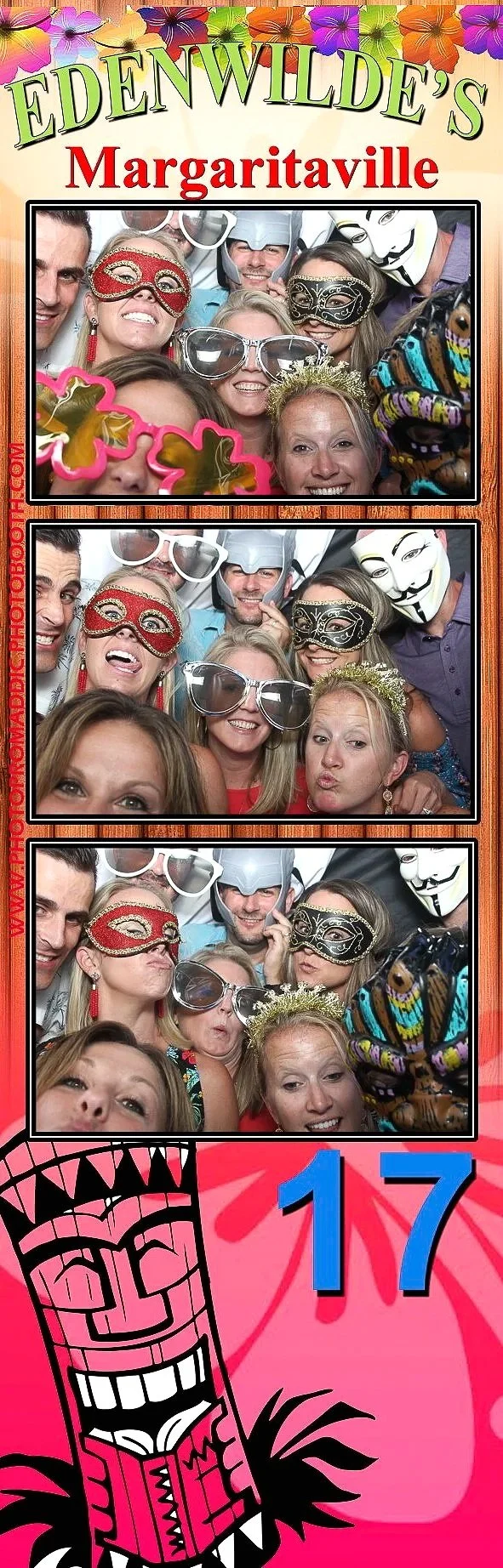 A photo booth strip from EdenWilde's Margaritaville event showing four images of people in fun masks and sunglasses, celebrating at a party, along with a colorful, tropical-themed header and a cartoonish tiki face graphic with a large number 17.