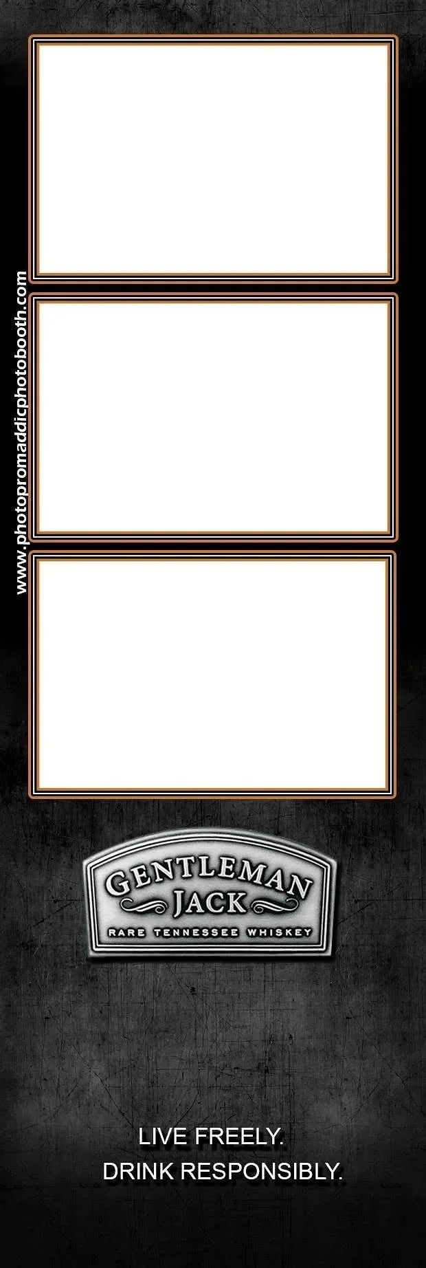 Vertical promotional poster for Gentleman Jack whiskey with three blank white text boxes, a logo at the bottom, and the phrases 'Live Freely' and 'Drink Responsibly' at the bottom.