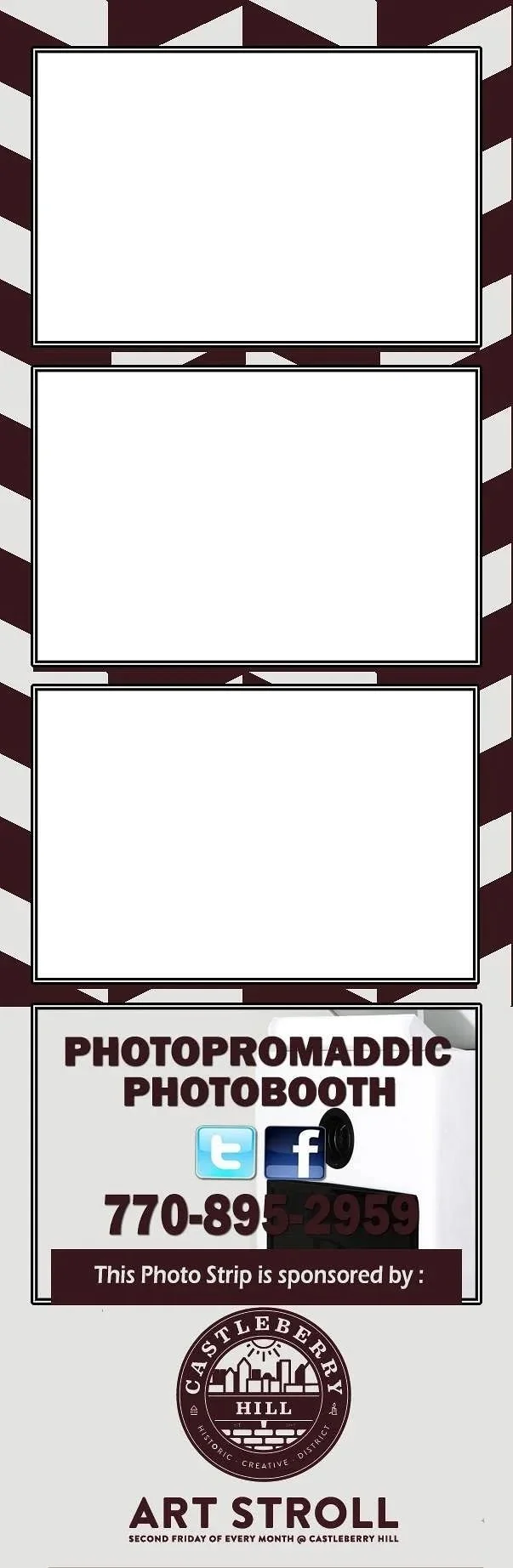 A vertical photo strip advertisement for a photo booth service with blank spaces for photos, and contact information including social media icons, phone number, and event details, sponsored by Castleberry Hill. The bottom mentions Art Stroll on the s