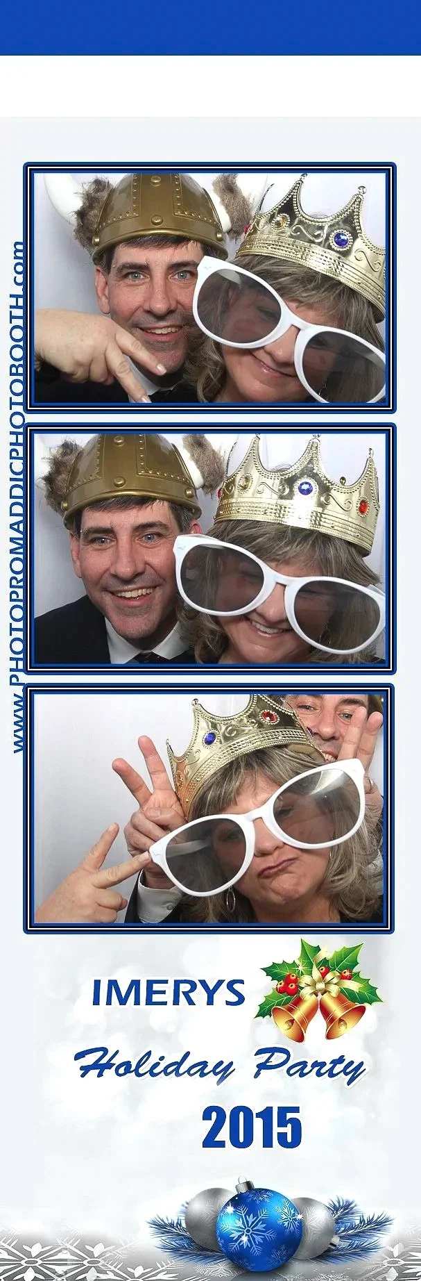 Photo booth strip from a 2015 holiday party showing three photos of a man and woman wearing fun accessories like sunglasses, crowns, and a Viking helmet, making silly poses. The bottom part features holiday-themed text and decorations.