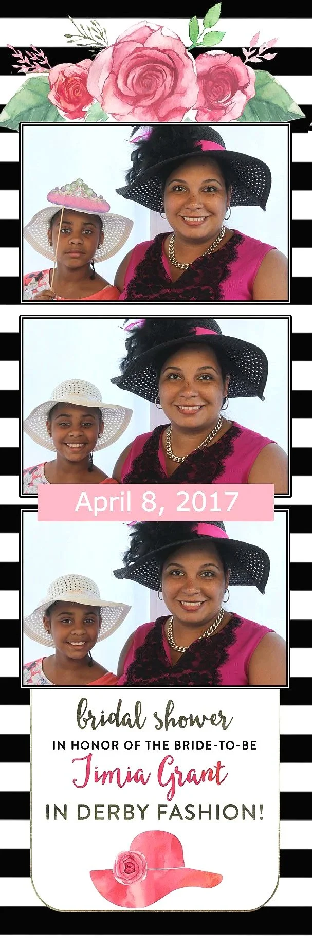 A photo booth strip with three images of a woman and a young girl at a bridal shower, wearing different hats. The top section has a floral design with pink roses and green leaves. The middle section shows the woman in a black hat and the girl in a wh