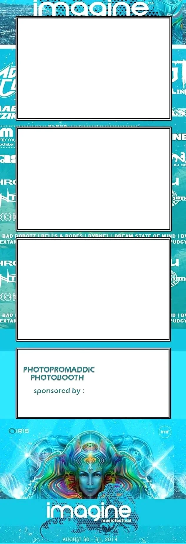 A photo booth strip for the Imagine music festival held from August 30 to 31, 2014. The strip features three blank photo placeholders at the top and a decorative graphic of a woman's face with flowing, colorful hair and intricate designs at the botto