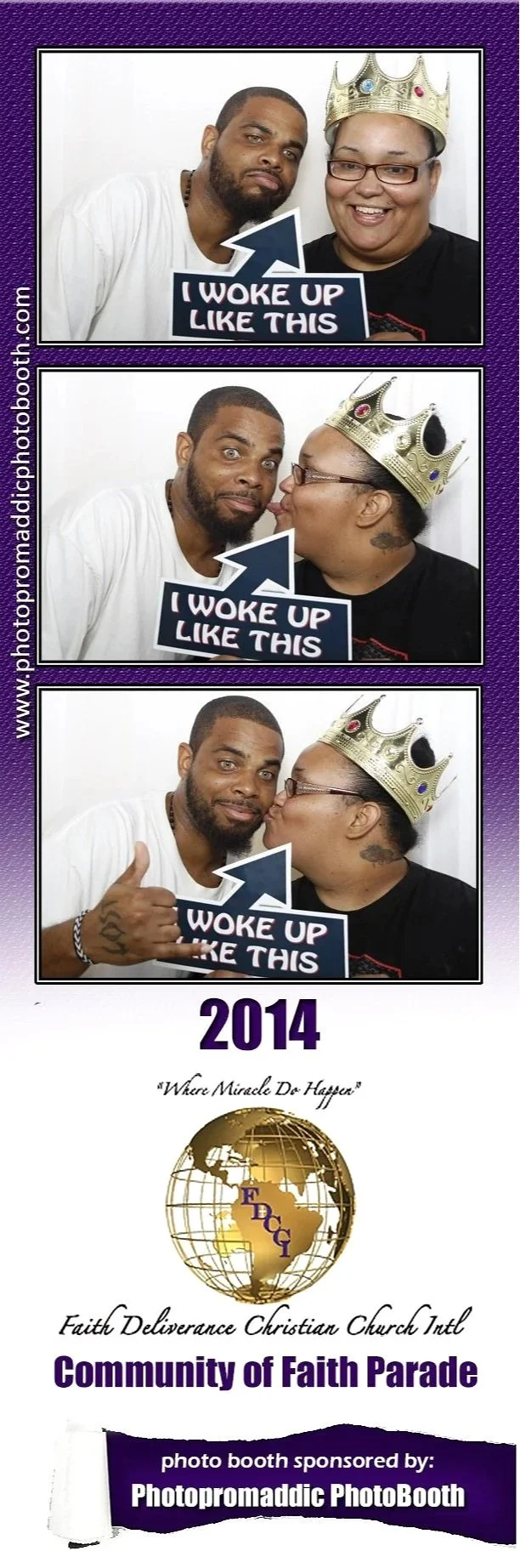 A three-photo booth strip featuring a man and woman. The woman wears a crown and glasses, holding a sign that says "I WOKE UP LIKE THIS". In the first photo, they are smiling at the camera; in the second, the woman kisses the man's cheek; in the thir