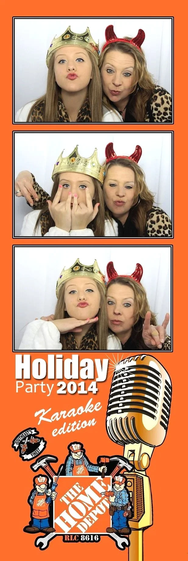 Three women taking a selfie in a photo booth. They are wearing fun accessories: a gold crown, a red devil horn headband, and leopard print clothing. The bottom part of the image is an illustrated poster advertising a holiday karaoke party at The Home