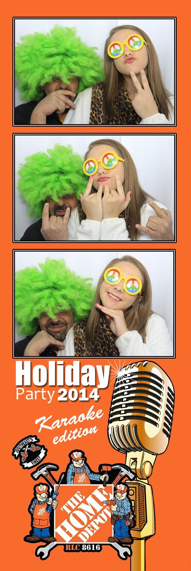 Photopromaddic Photo booth strip from a holiday party showing two women and a man, posing playfully. The bottom part of the strip includes details and cartoon illustrations of workers holding tools for a Home Depot-themed karaoke event.