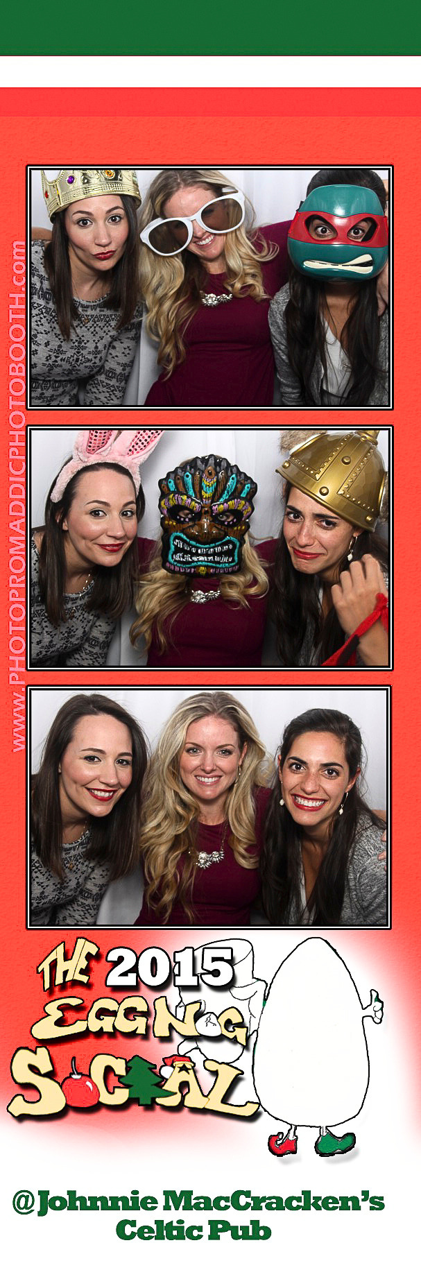 Photo booth strip with women wearing various costumes and props, including a crown, oversized glasses, a ninja turtle mask, bunny ears, and a Viking helmet. The bottom of the strip features text "The Egg Nog S" and a cartoon egg character, with the l