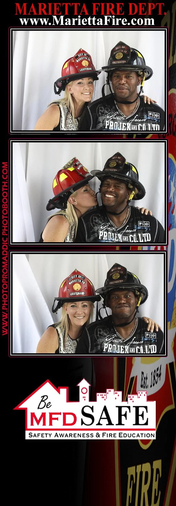 Three photos of a woman and a firefighter posing together in front of a white backdrop, wearing fire helmets. The woman is blonde, and the firefighter is a man with dark skin. They appear to be happy and are interacting playfully. The images are fram