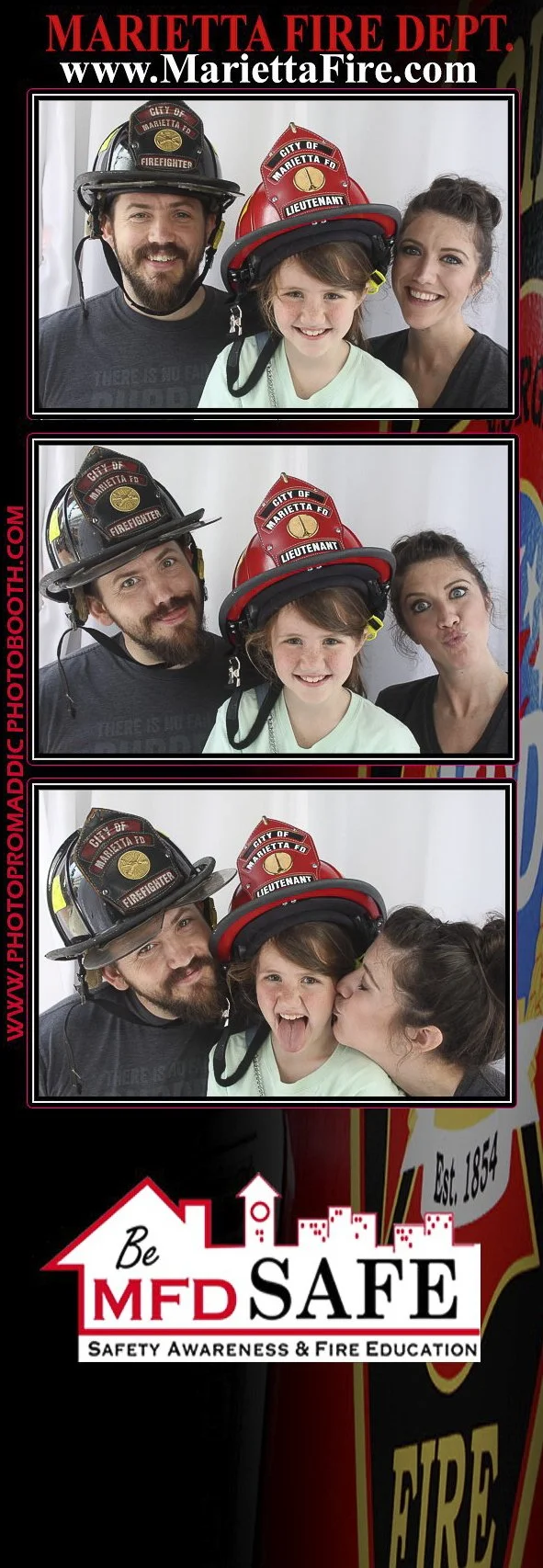 A photo booth strip featuring three people wearing firefighter hats. The top image shows a man, a young girl, and a woman smiling; the middle image shows the man and woman making funny faces; the bottom image shows the girl and man making silly faces