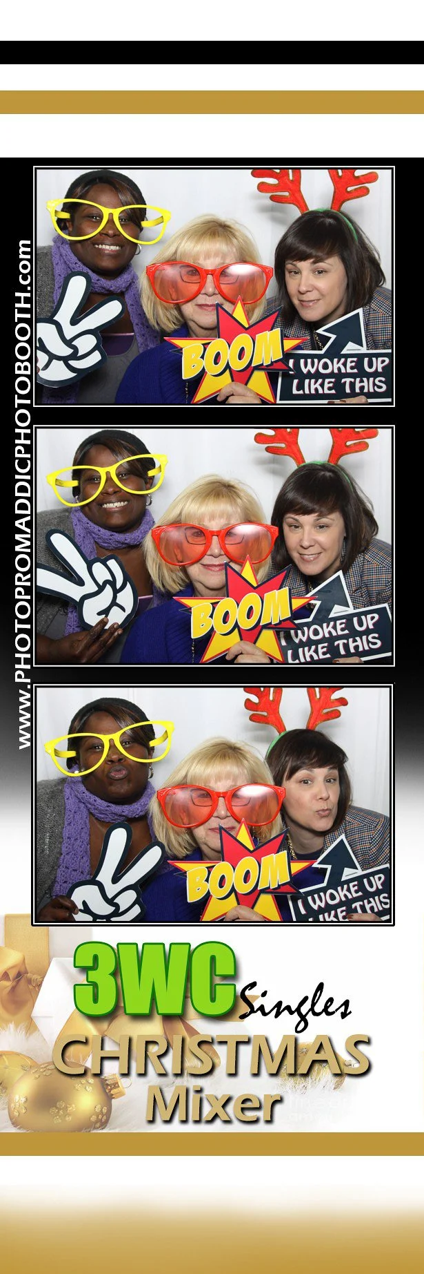 Three women in holiday-themed photo booth with accessories like bright glasses and reindeer antlers, holding signs that say 'BOOM' and 'WOKE UP LIKE THIS', celebrating during a Christmas mixer.
