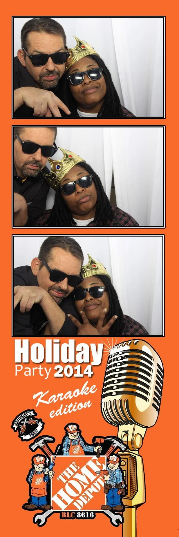 Photo strip from a holiday party featuring three images of two men and a woman. All are wearing sunglasses, and the woman is wearing a gold crown. The bottom of the strip advertises a karaoke edition of a 2014 holiday party, with a microphone illustr